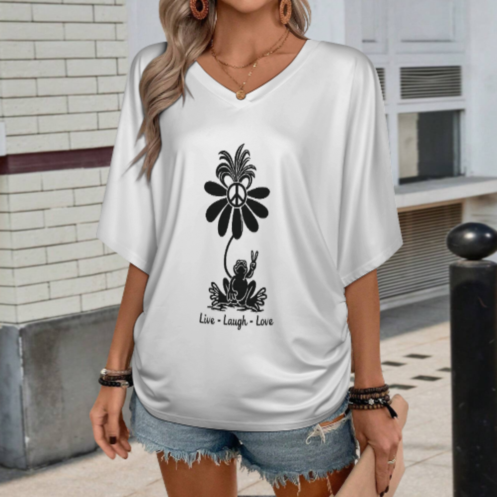 Women’s Peace Flower Frog Graphic V-Neck Tee – Retro Hippie Casual Shirt(z144)