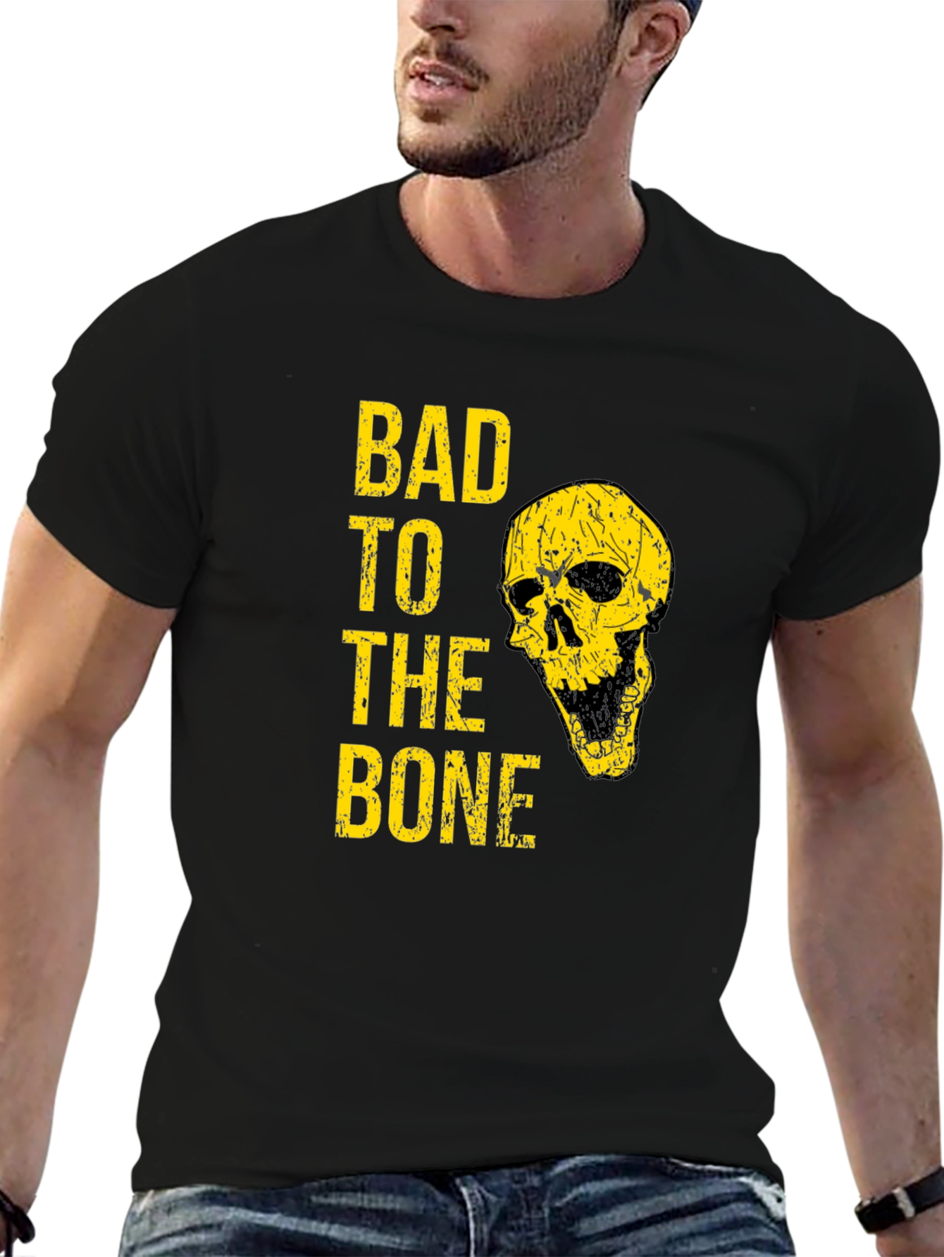Bad to the Bone T-Shirt - Yellow Skull Design