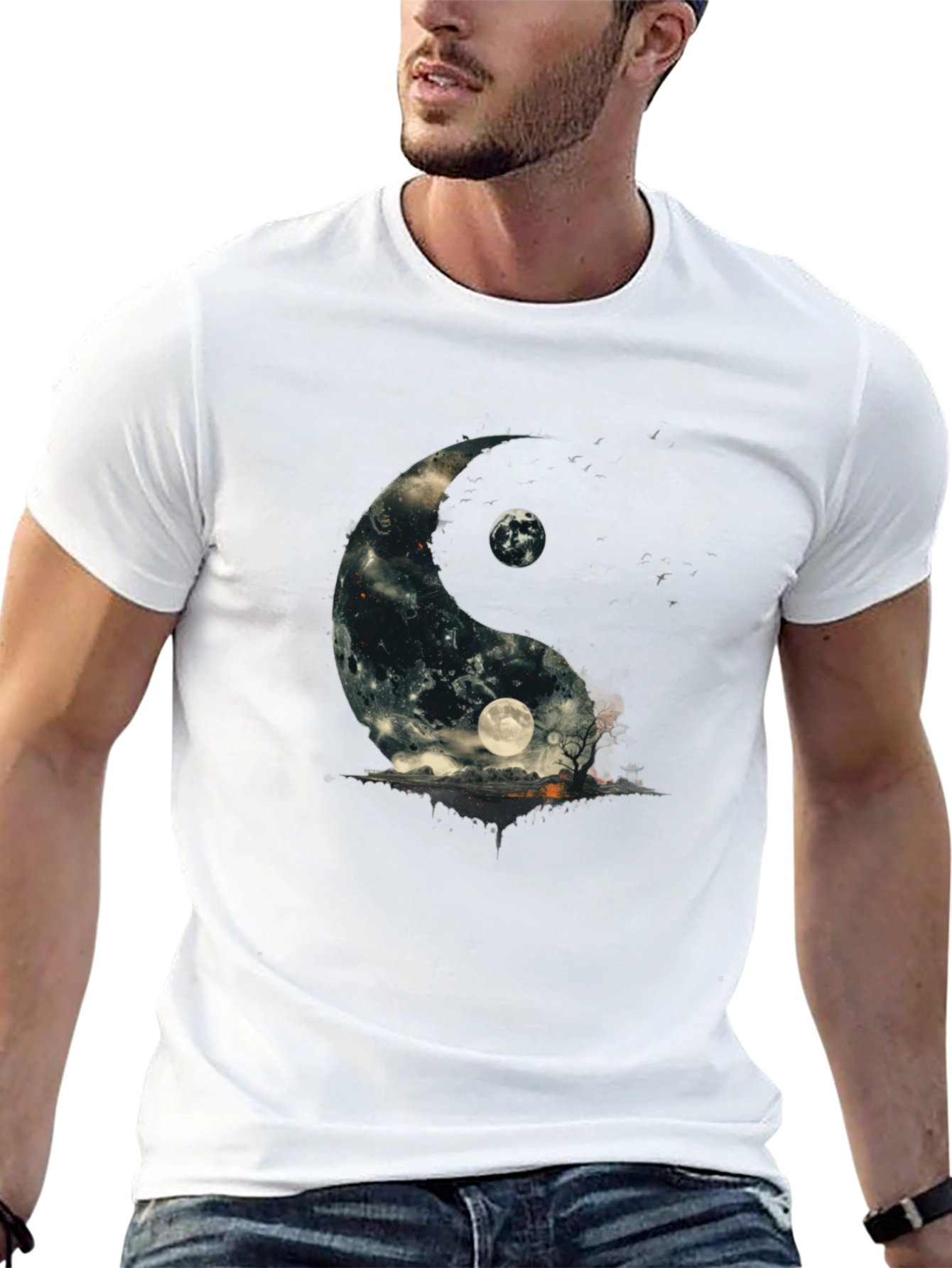 Yin Yang Moon Graphic T-Shirt - Black