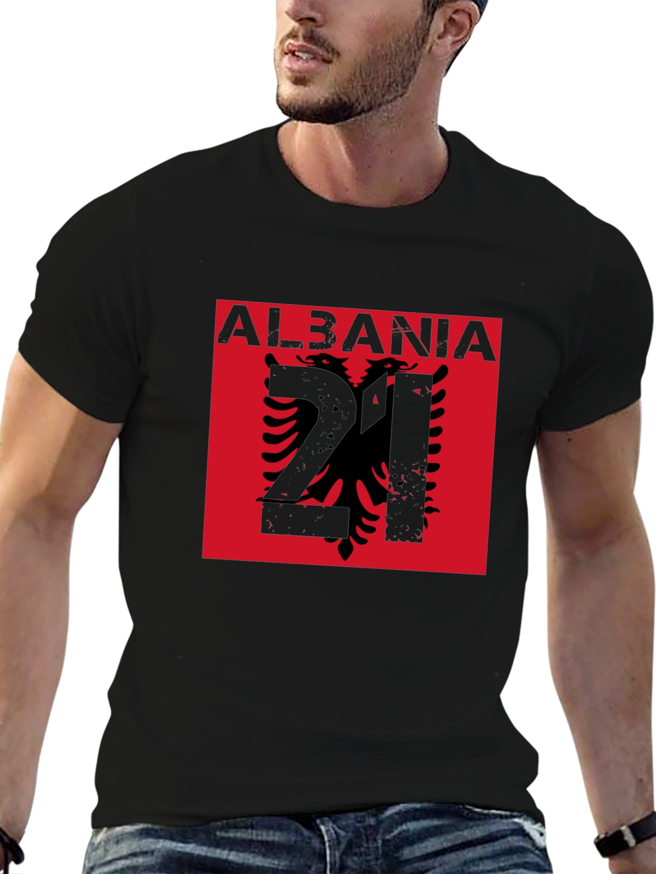 Albania Flag Graphic Tee - Black Cotton T-Shirt