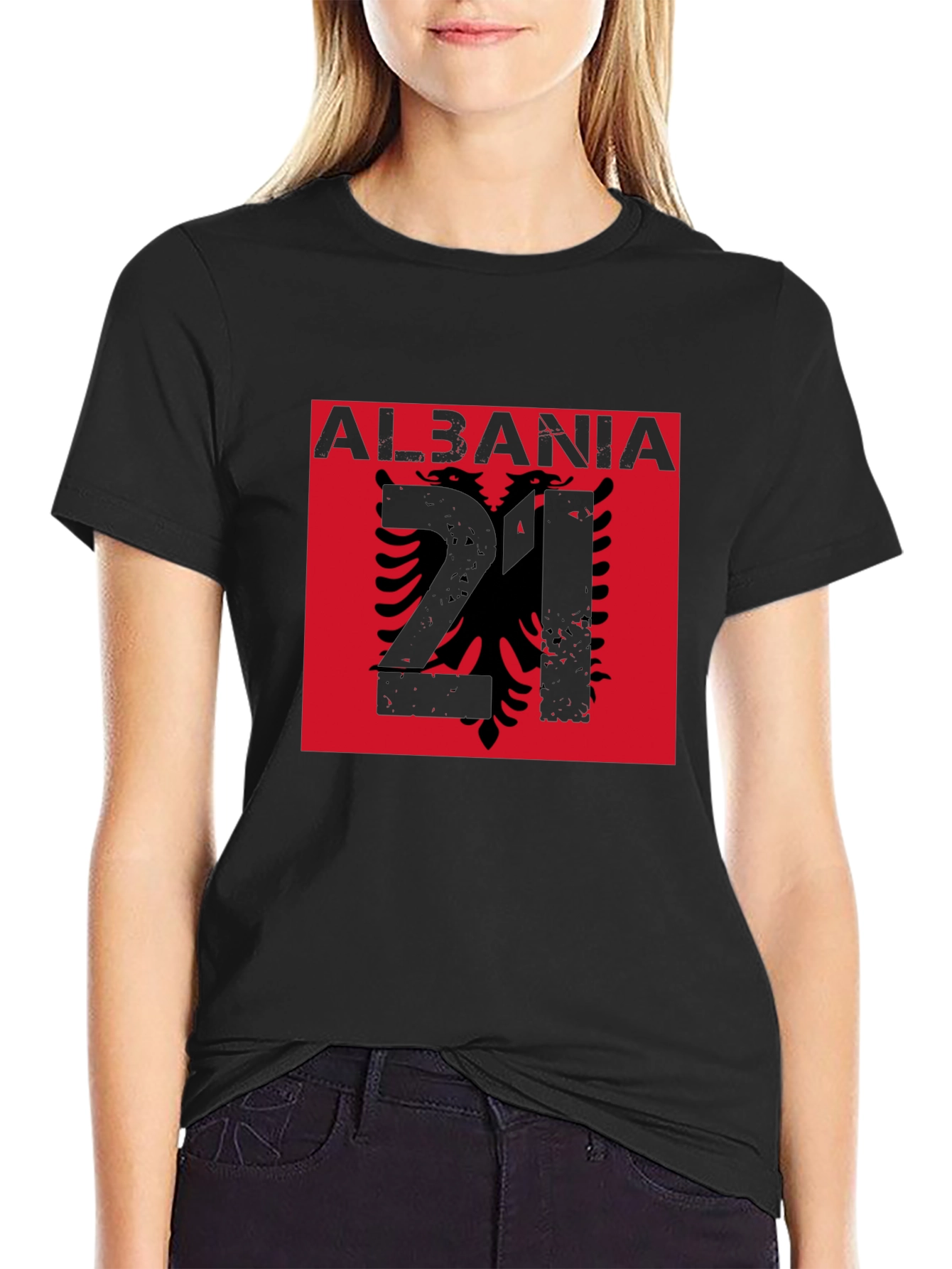 Albania Flag Graphic Tee - Black Cotton T-Shirt