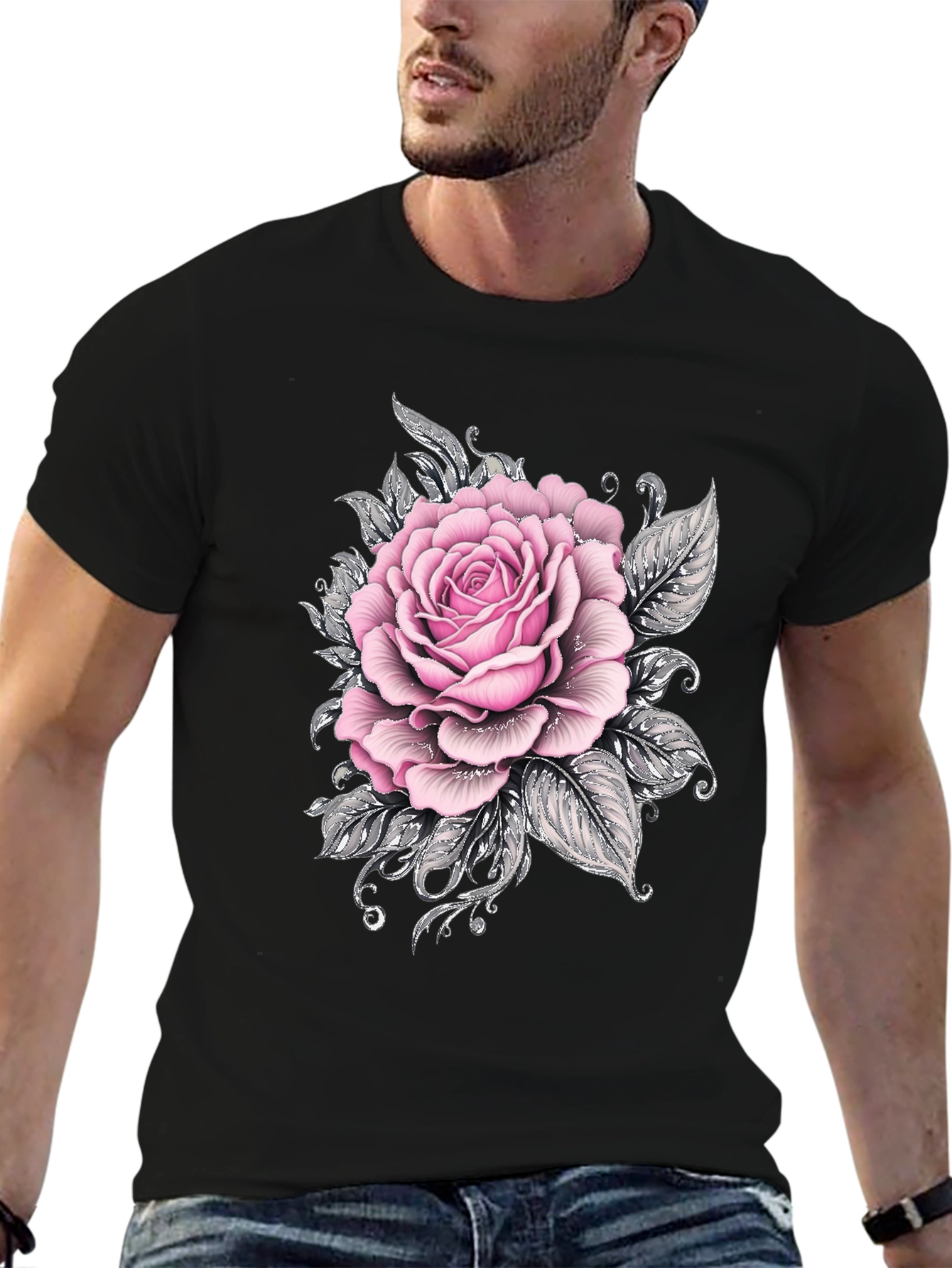 Mens Black T-Shirt with Pink Rose Floral Graphic