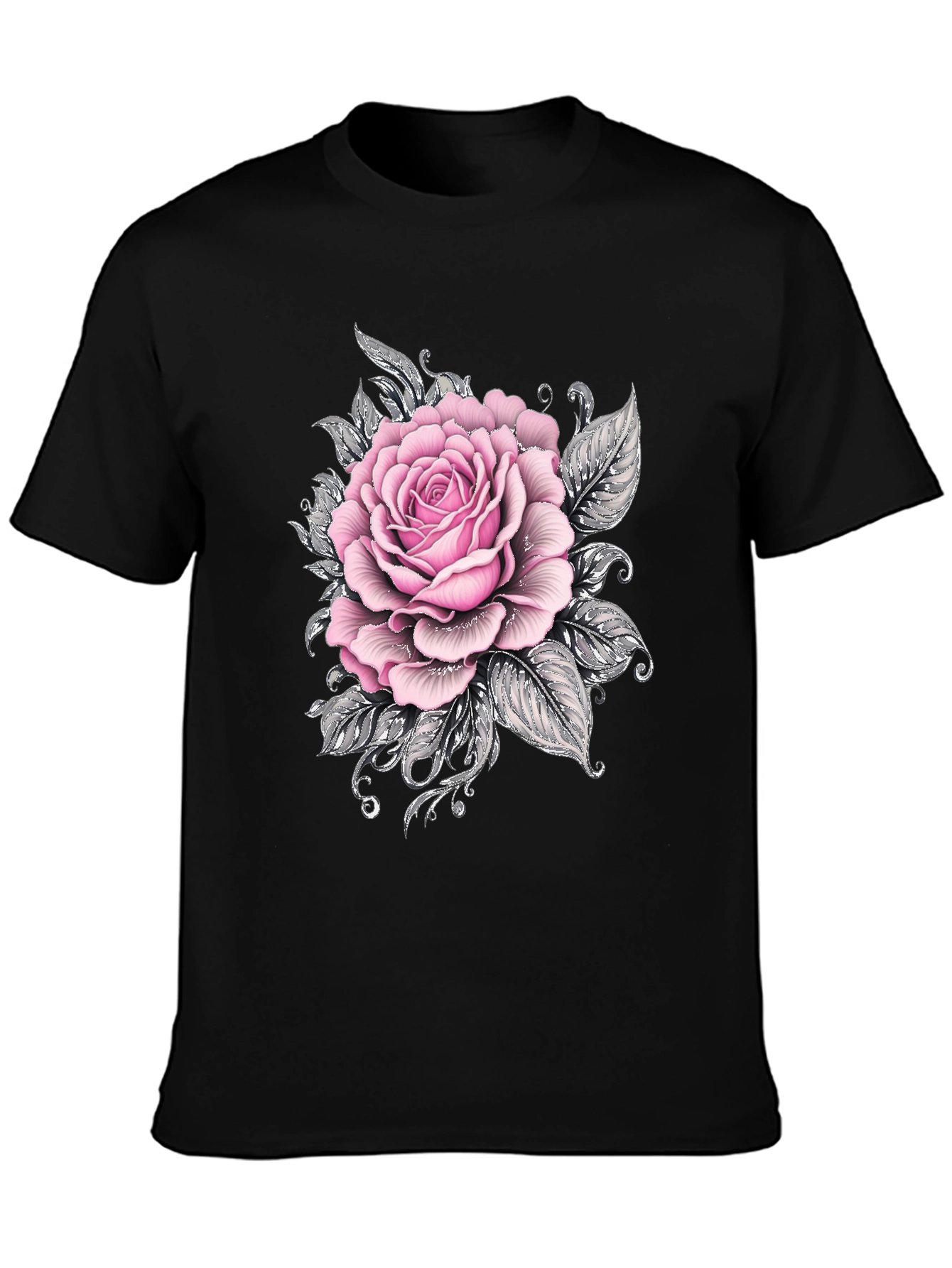 Mens Black T-Shirt with Pink Rose Floral Graphic