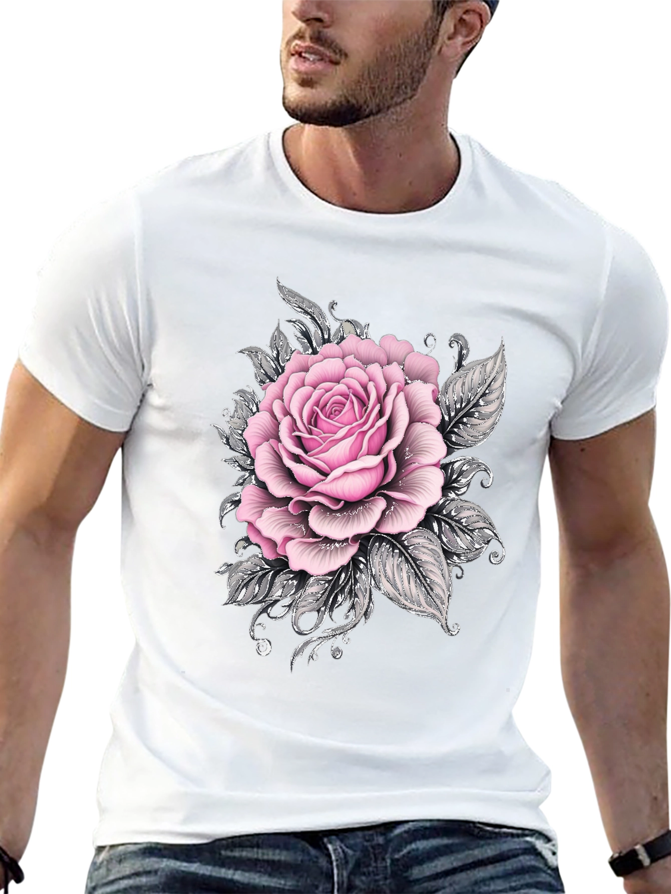 Mens Black T-Shirt with Pink Rose Floral Graphic
