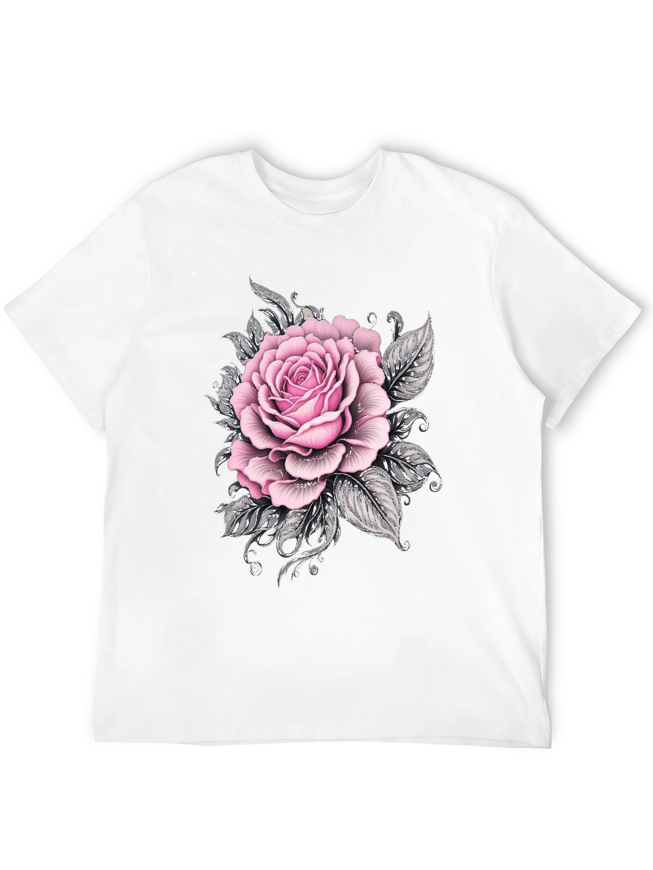 Mens Black T-Shirt with Pink Rose Floral Graphic