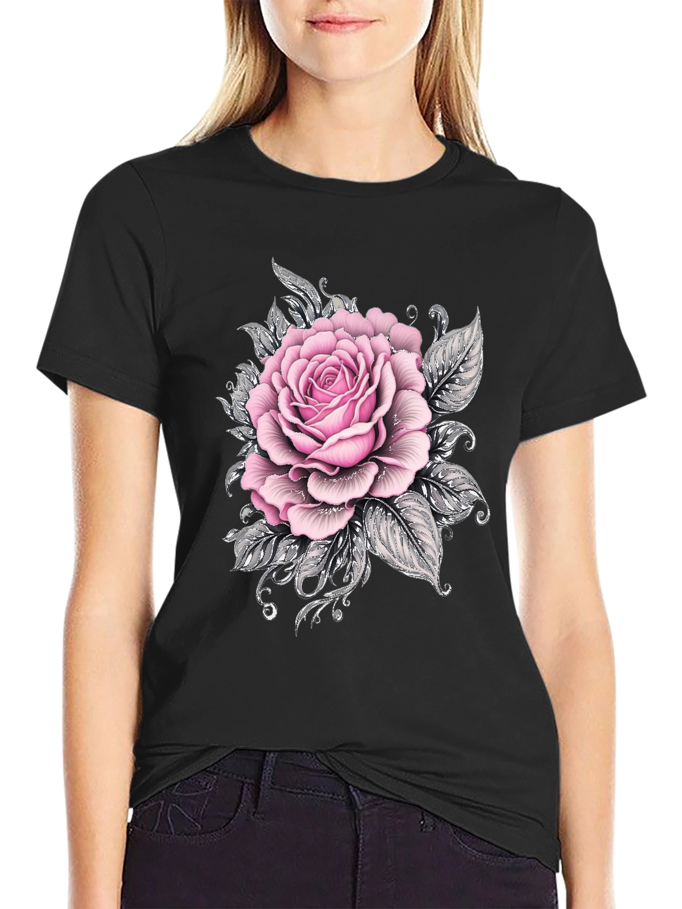 Mens Black T-Shirt with Pink Rose Floral Graphic