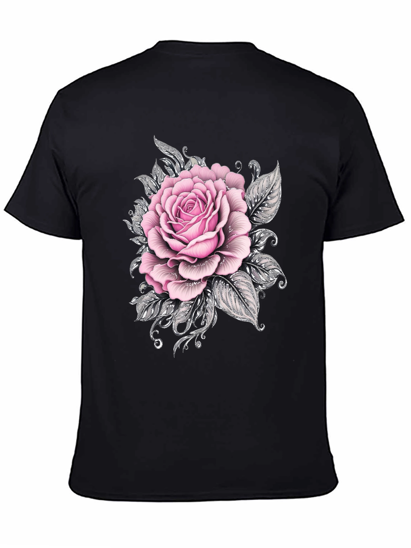 Mens Black T-Shirt with Pink Rose Floral Graphic