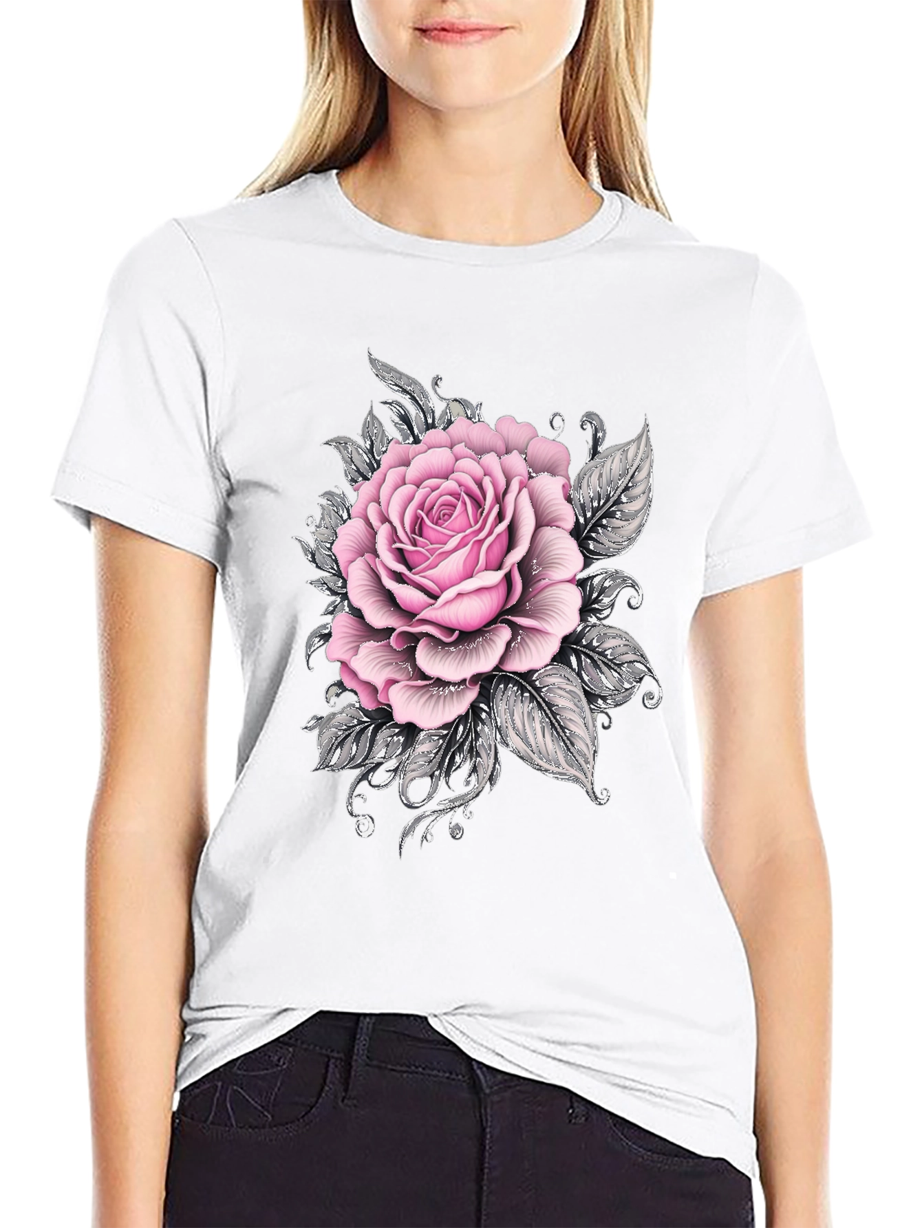 Mens Black T-Shirt with Pink Rose Floral Graphic