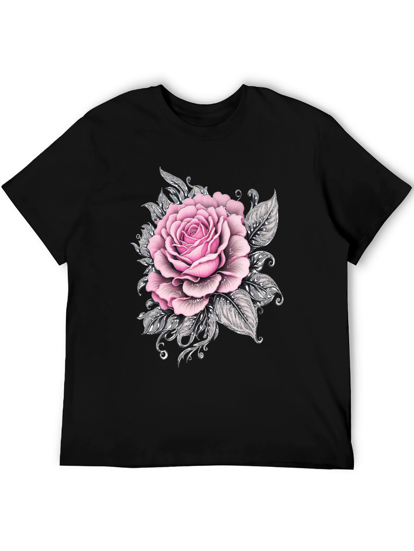 Mens Black T-Shirt with Pink Rose Floral Graphic