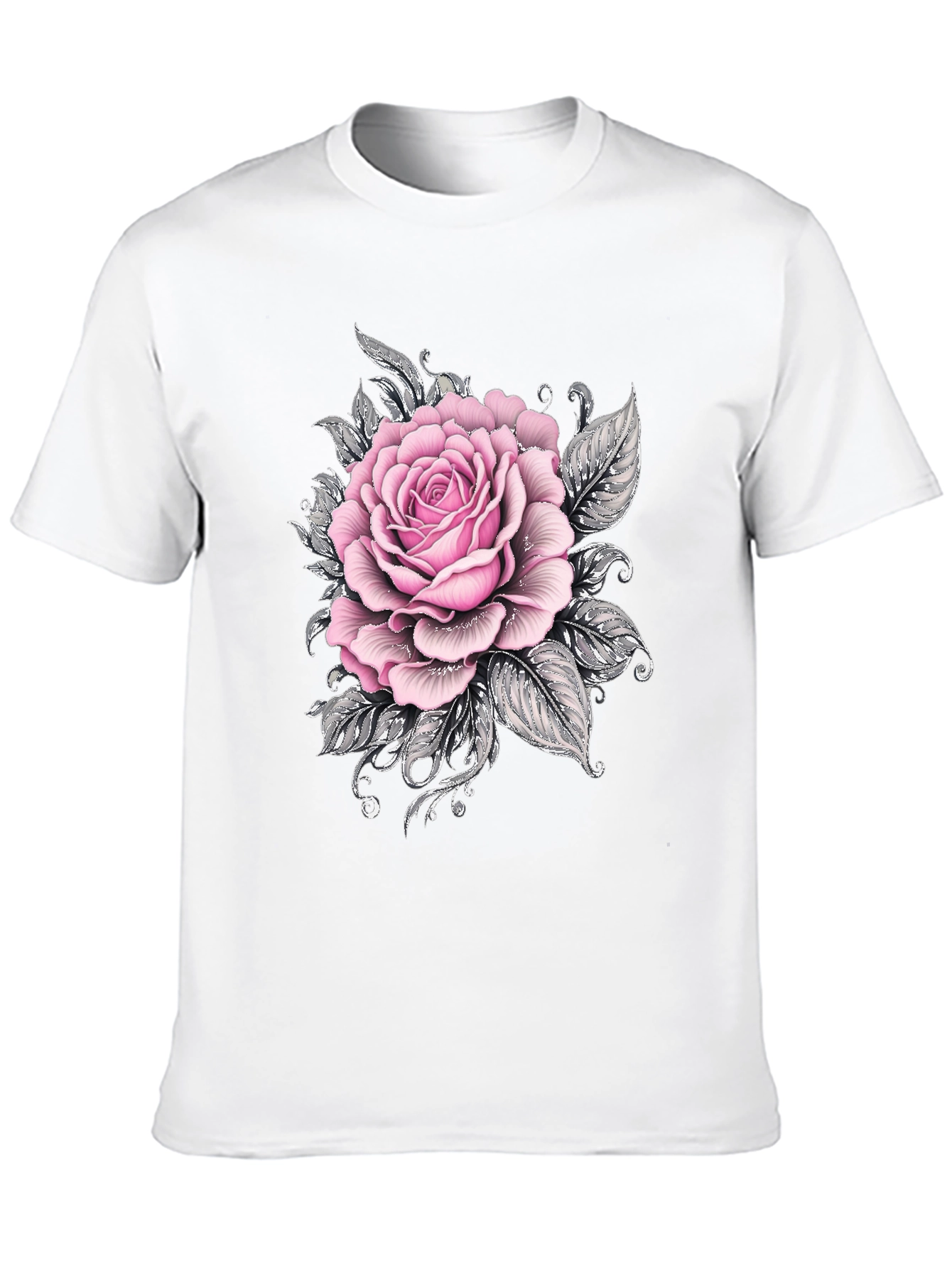 Mens Black T-Shirt with Pink Rose Floral Graphic