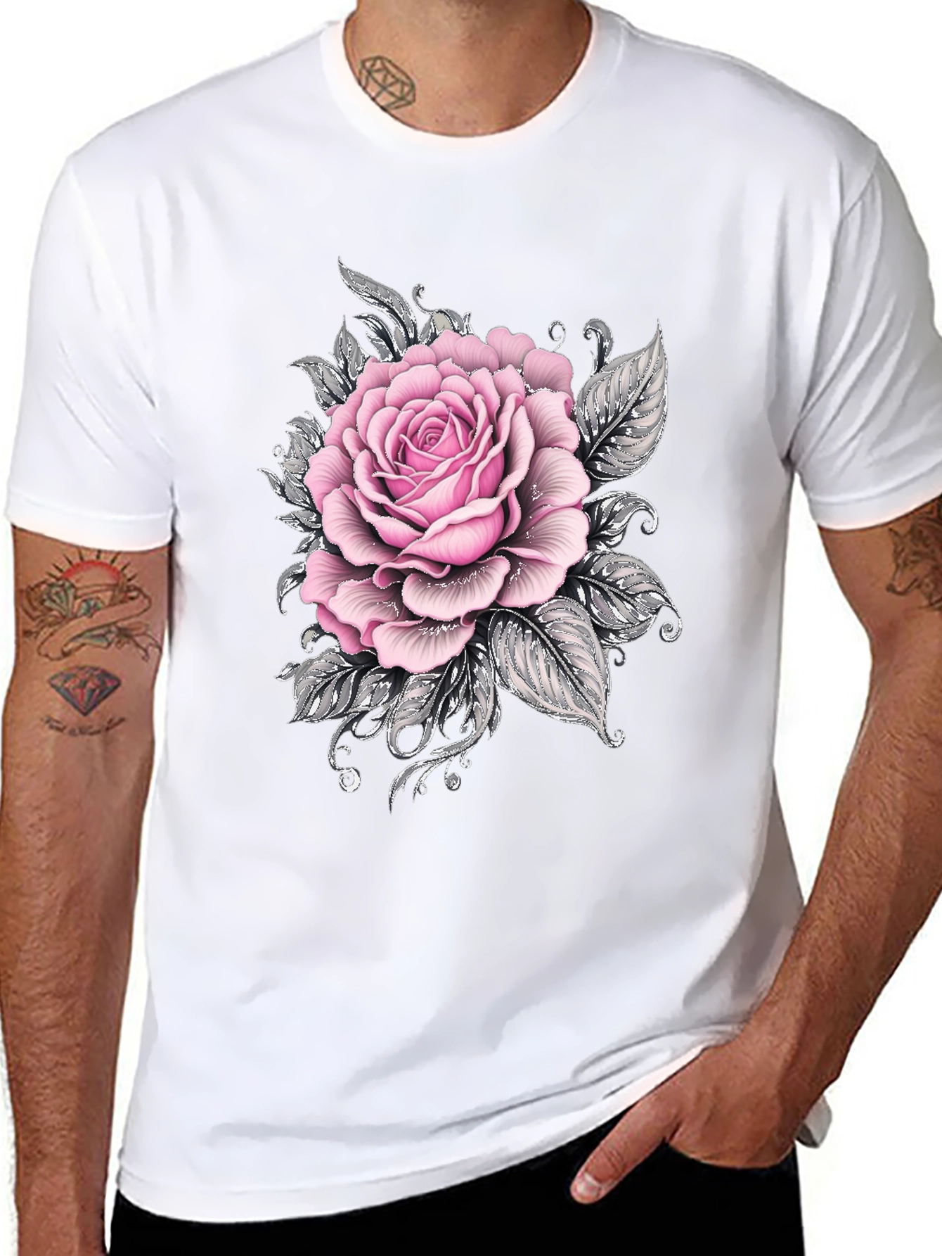 Mens Black T-Shirt with Pink Rose Floral Graphic