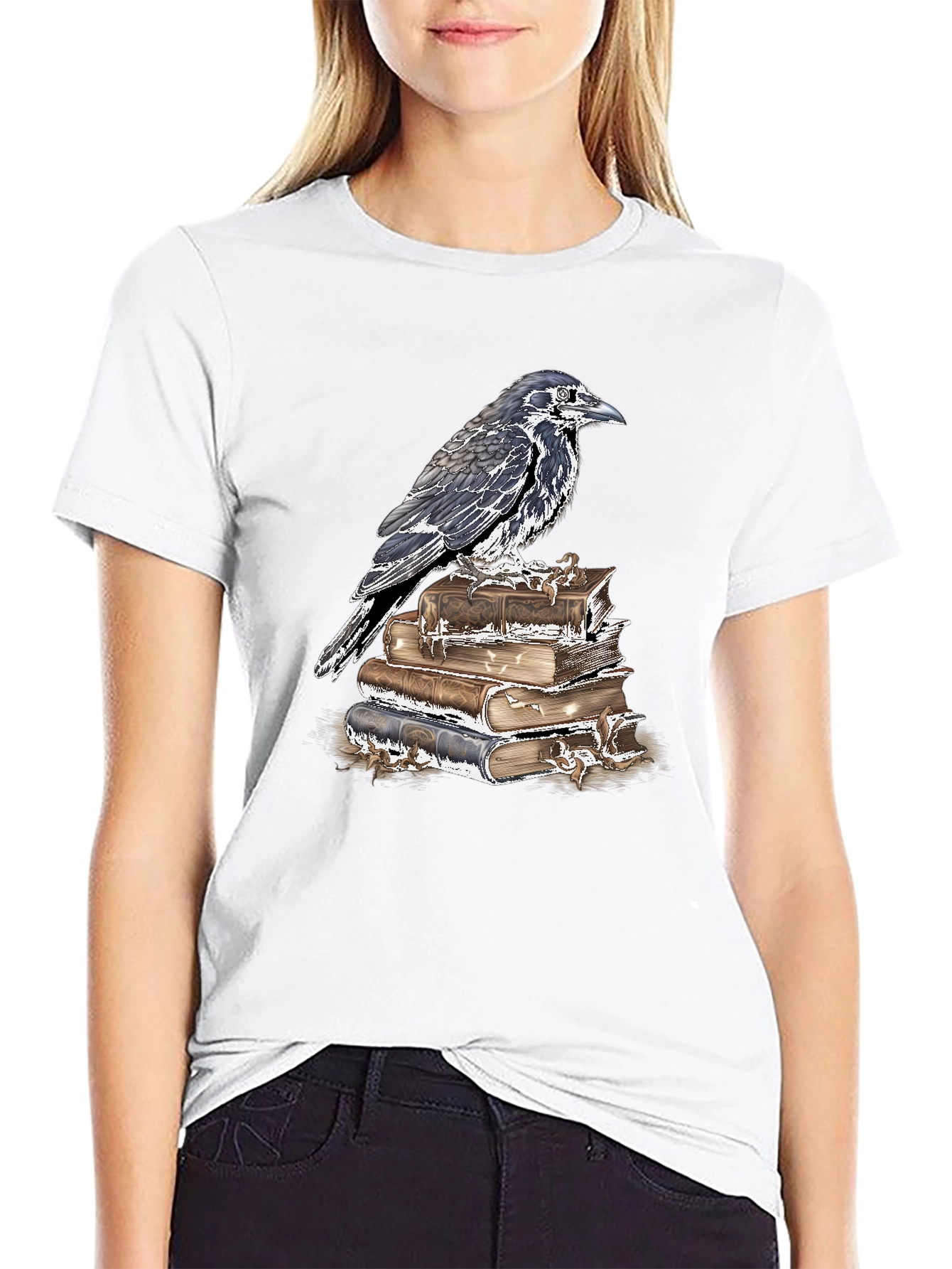 Raven on Books Graphic Tee - Dark Academia Style