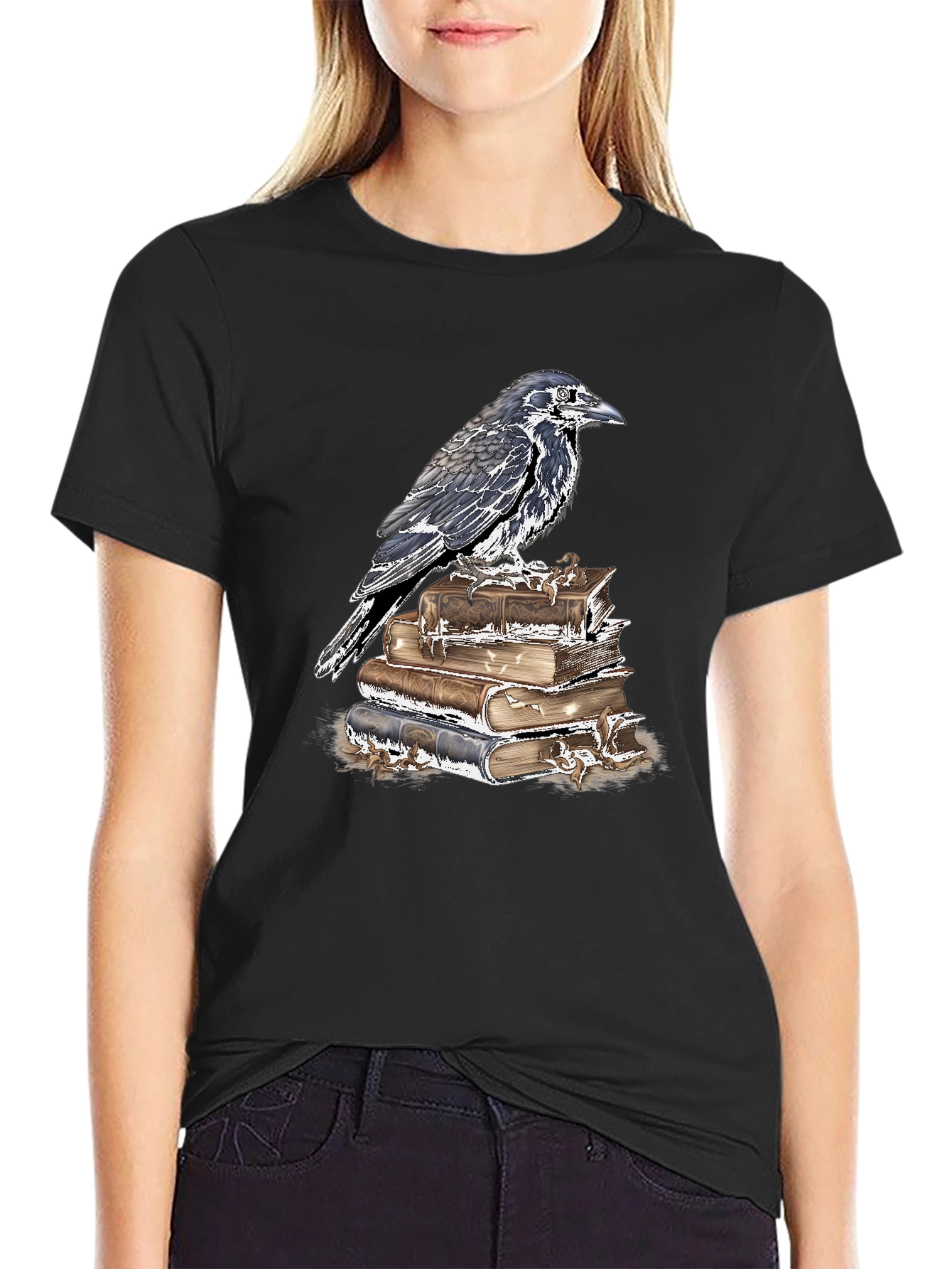Raven on Books Graphic Tee - Dark Academia Style