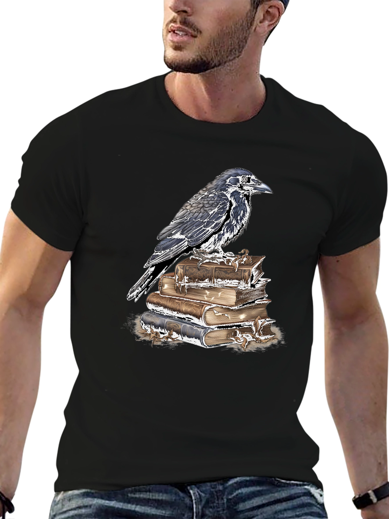 Raven on Books Graphic Tee - Dark Academia Style