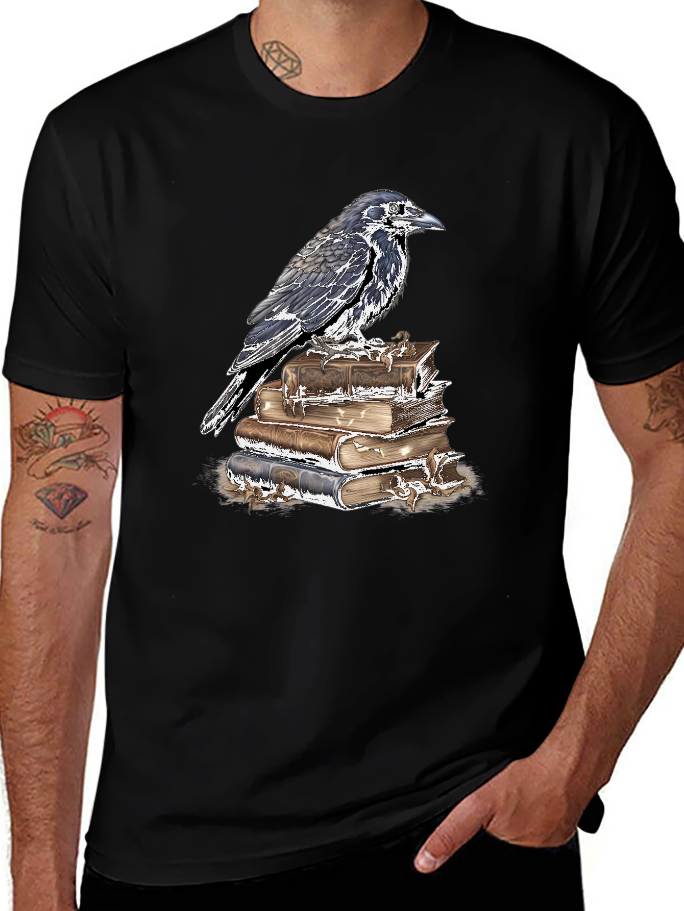 Raven on Books Graphic Tee - Dark Academia Style