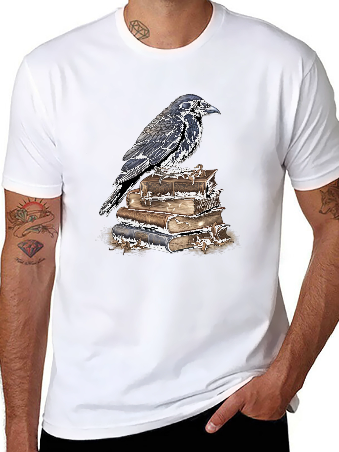 Raven on Books Graphic Tee - Dark Academia Style