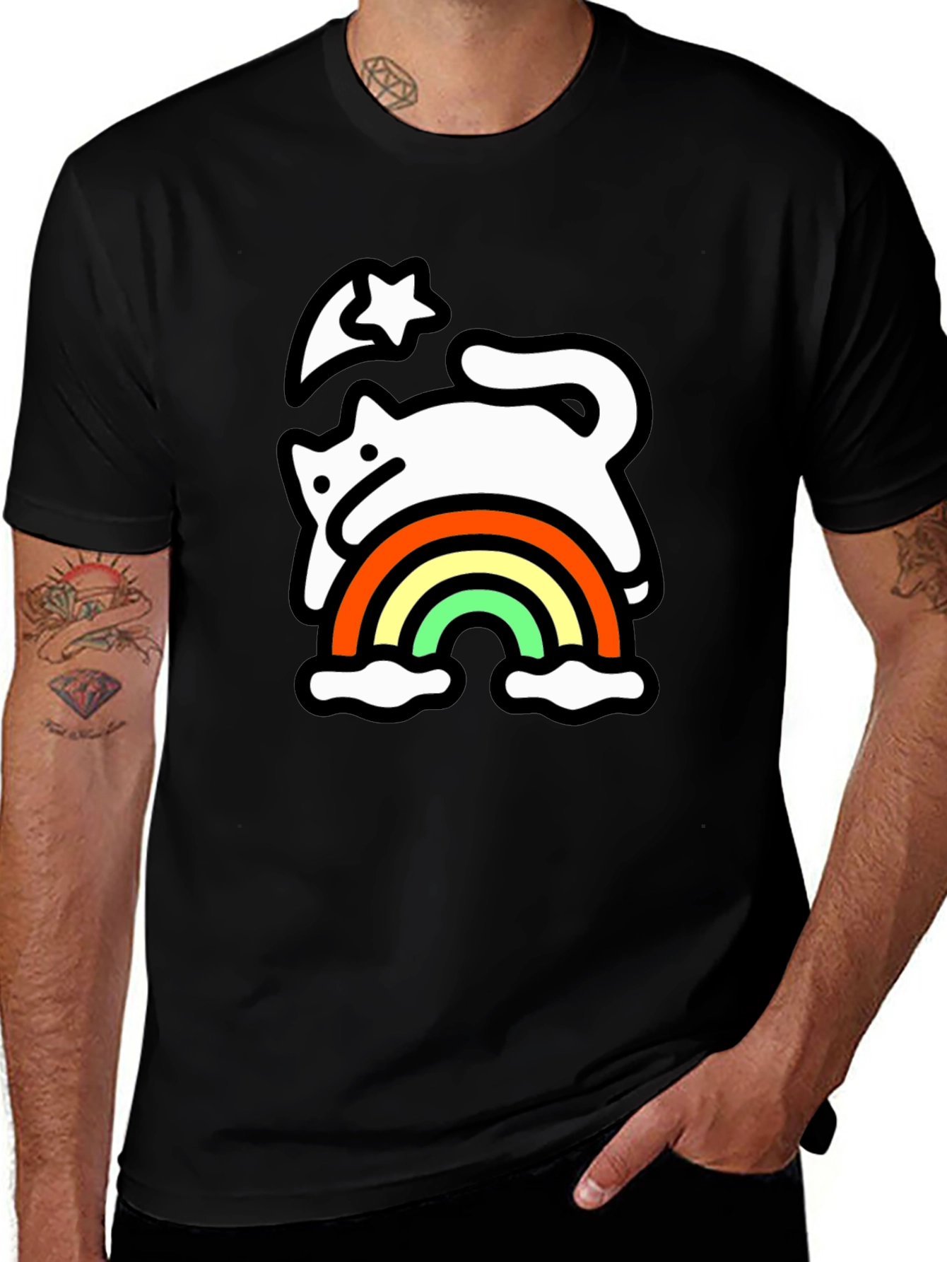 Rainbow Cat Black T-Shirt - Whimsical & Fun