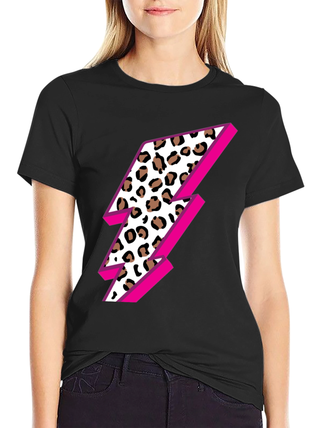 Leopard Lightning Bolt Graphic Tee - Black