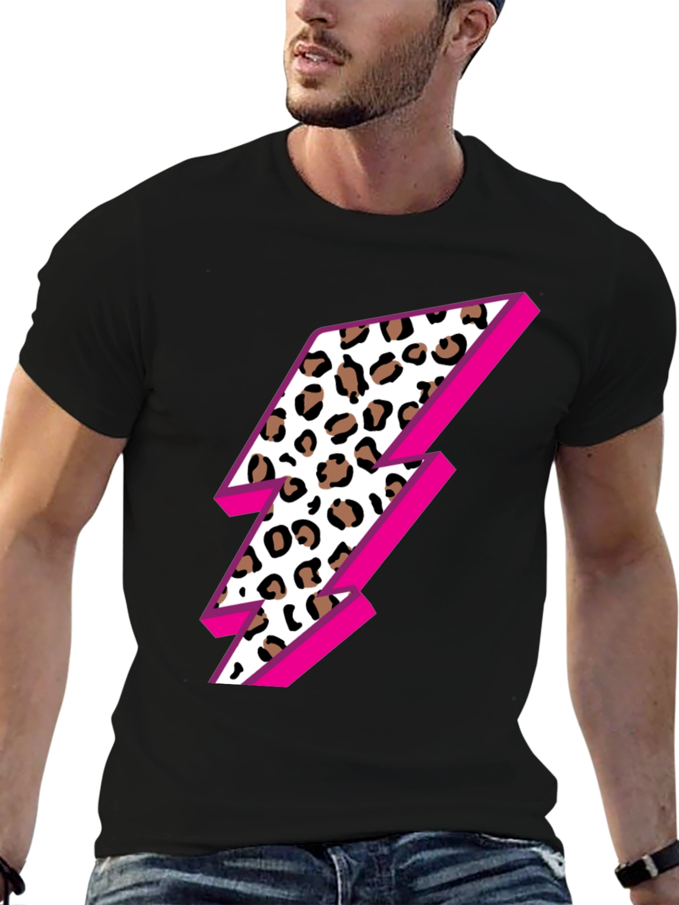 Leopard Lightning Bolt Graphic Tee - Black