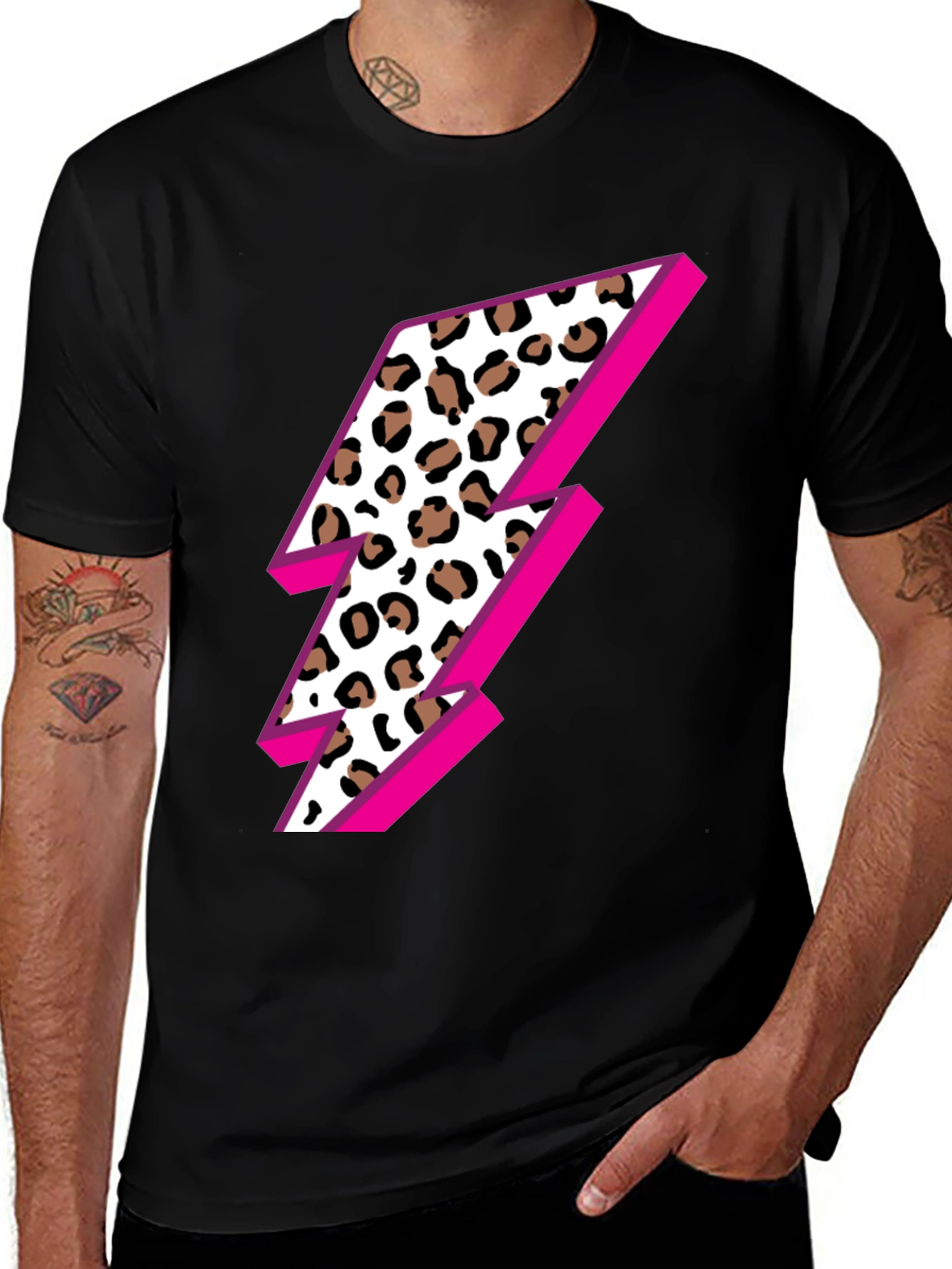 Leopard Lightning Bolt Graphic Tee - Black