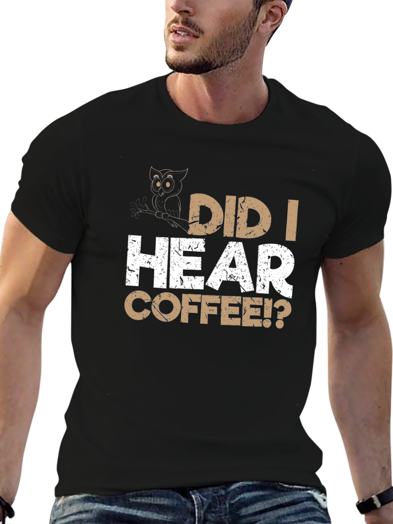 Did I Hear Coffee? Owl Graphic Black T-Shirt