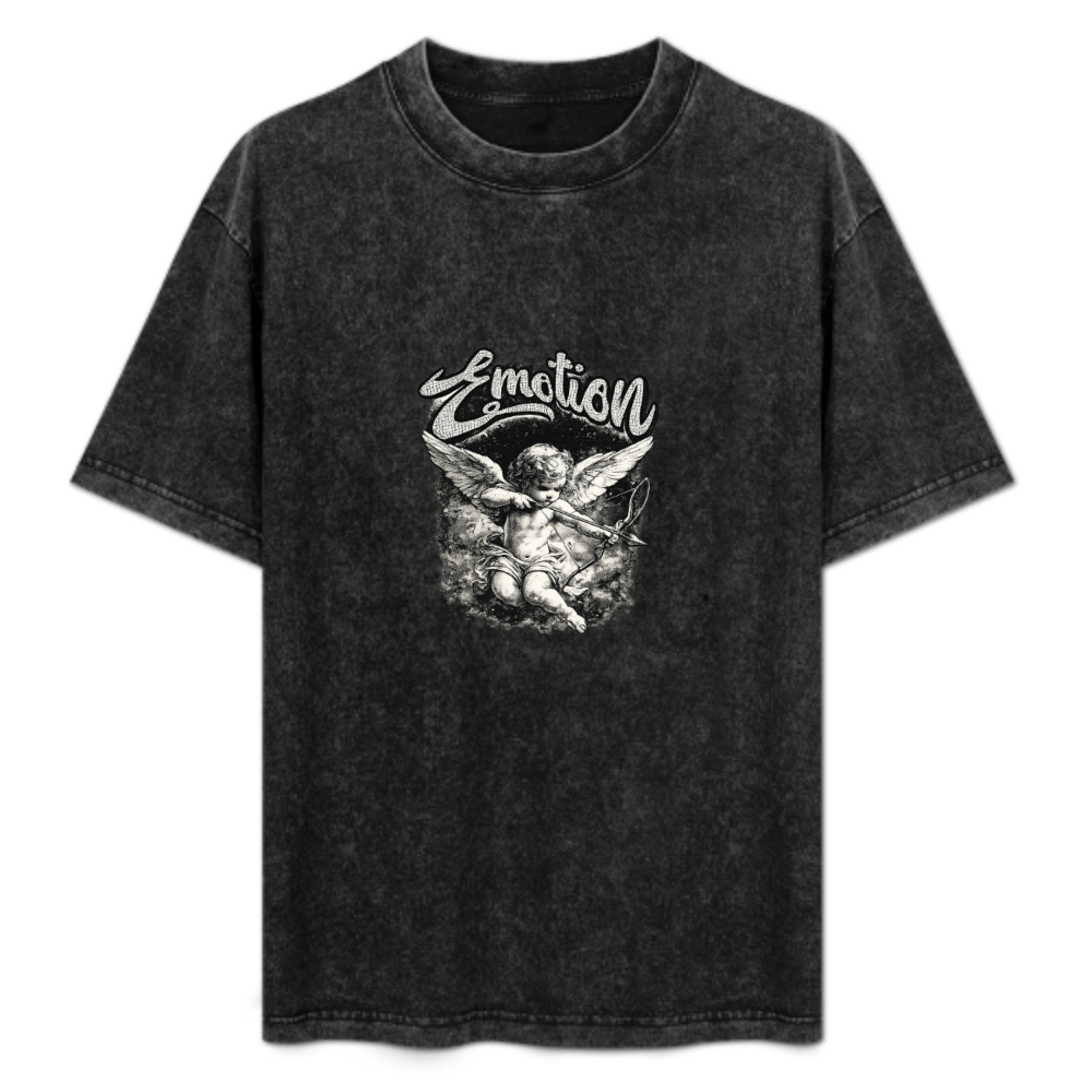 Emotion Angel Graphic Vintage Washed T-Shirt | Retro Cupid Streetwear Tee(z117)