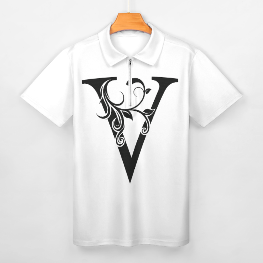 Elegant Letter V Polo Shirt – Floral Monogram Graphic Zip Collar Tee for Men & Women(z164)