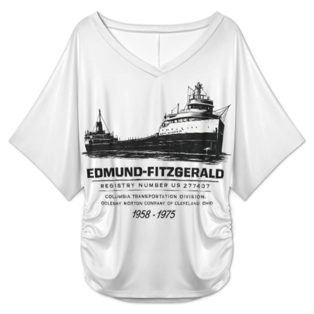 Edmund Fitzgerald Vintage Ship V-Neck T-Shirt – Great Lakes Freighter Graphic Casual Women’s Tee(z147)