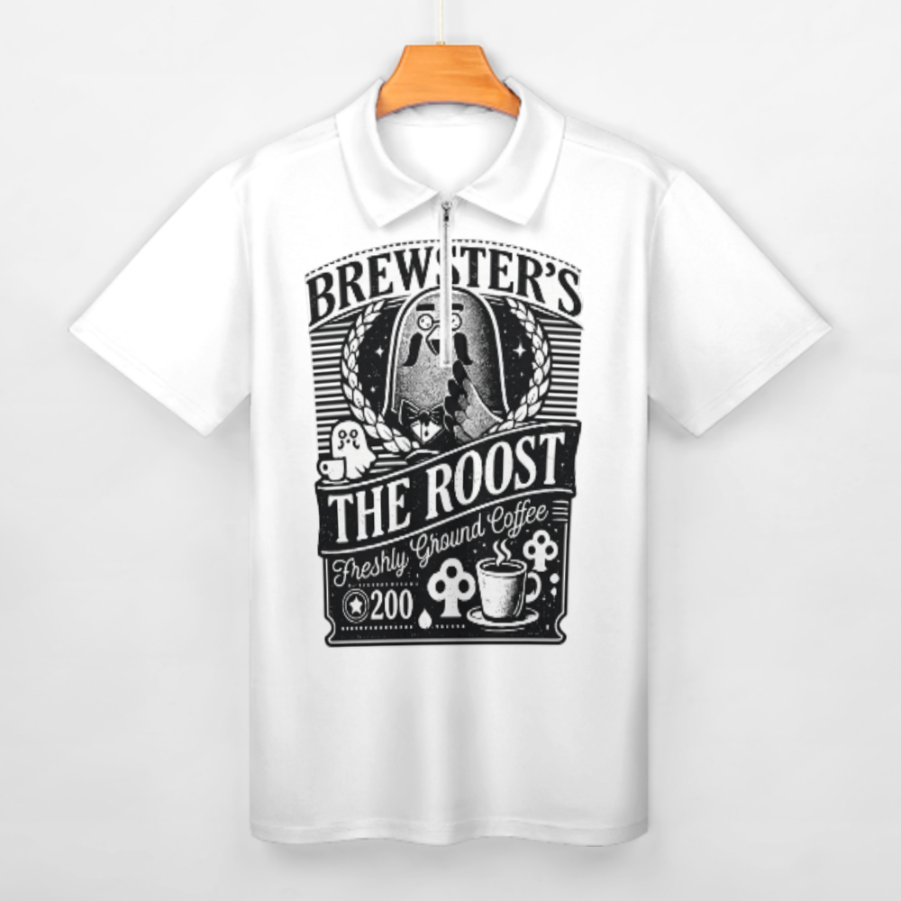 Brewster’s Roost Coffee Polo Shirt – Retro Café Graphic Zip Collar Tee for Cozy Game Lovers(z169)