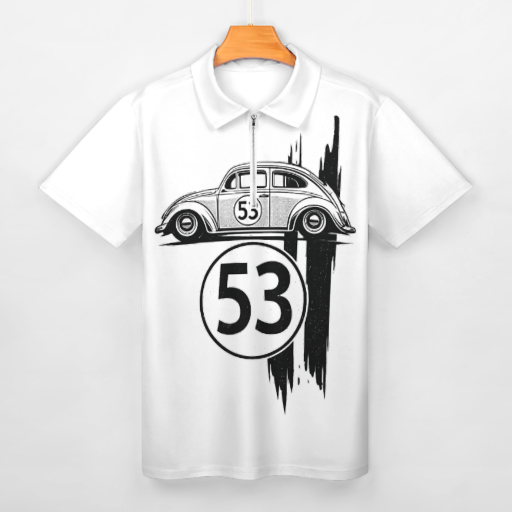 Retro 53 Beetle Graphic Polo Shirt – Classic Vintage Car Zip Collar Tee for Auto Lovers(z170)