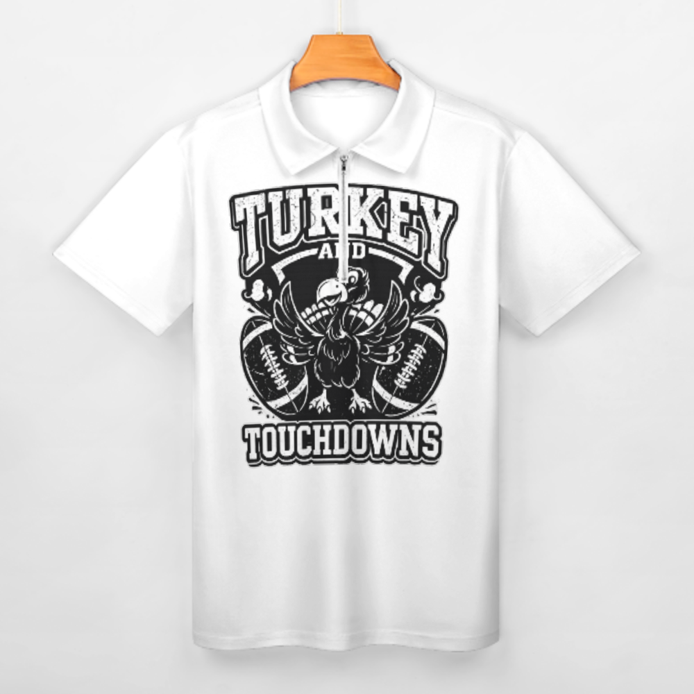 Turkey And Touchdowns Football Polo Shirt – Funny Thanksgiving Graphic Zip Tee for Men(z163)