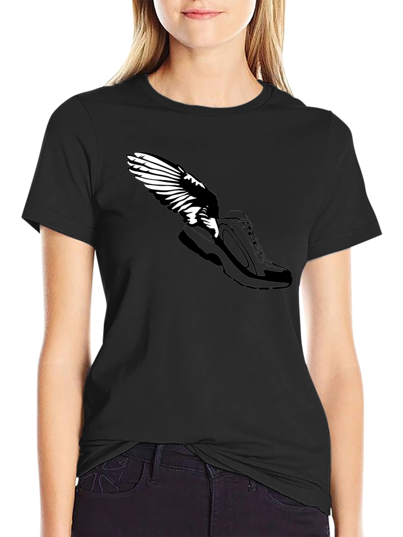 Winged Shoe Black T-Shirt - Fly High!