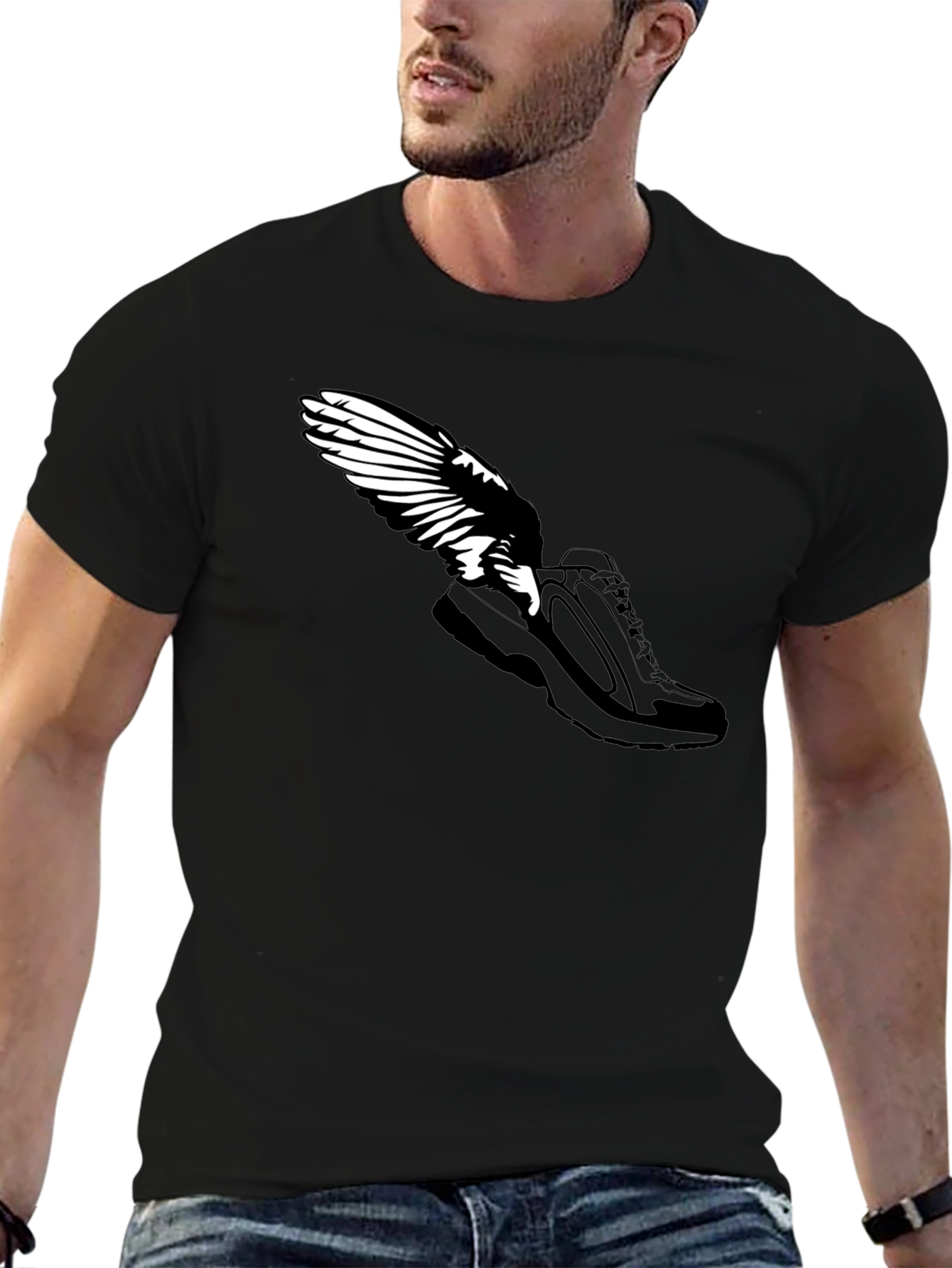 Winged Shoe Black T-Shirt - Fly High!