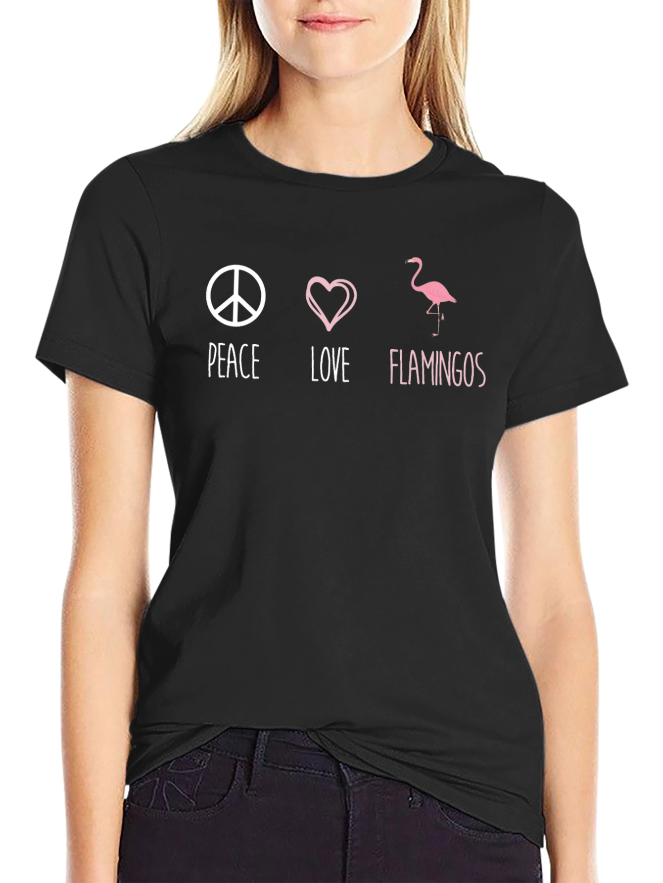 Peace Love Flamingos Black Graphic T-Shirt