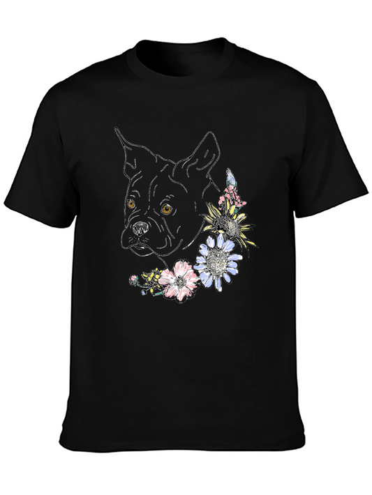 Dog & Floral Graphic Tee - Stylish Mens Black T-Shirt