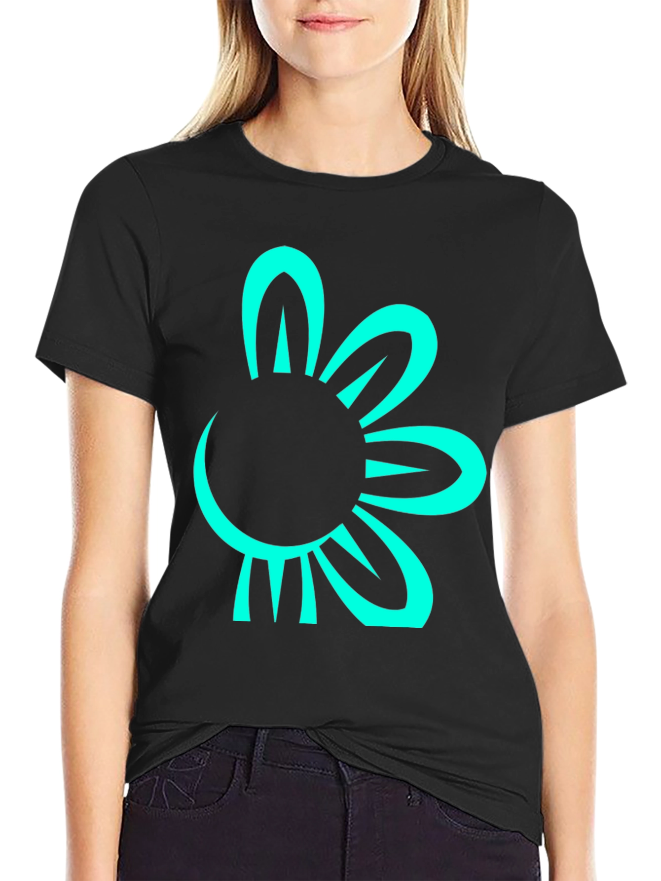 Black T-Shirt with Teal Flower Graphic