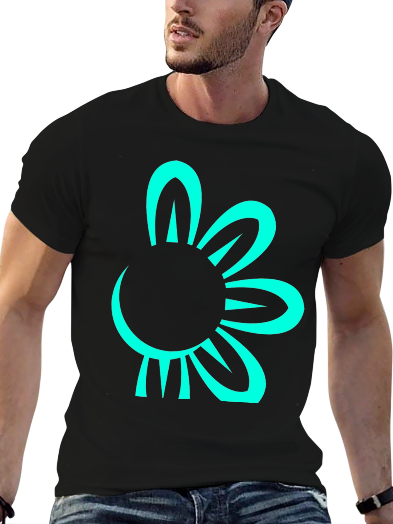 Black T-Shirt with Teal Flower Graphic