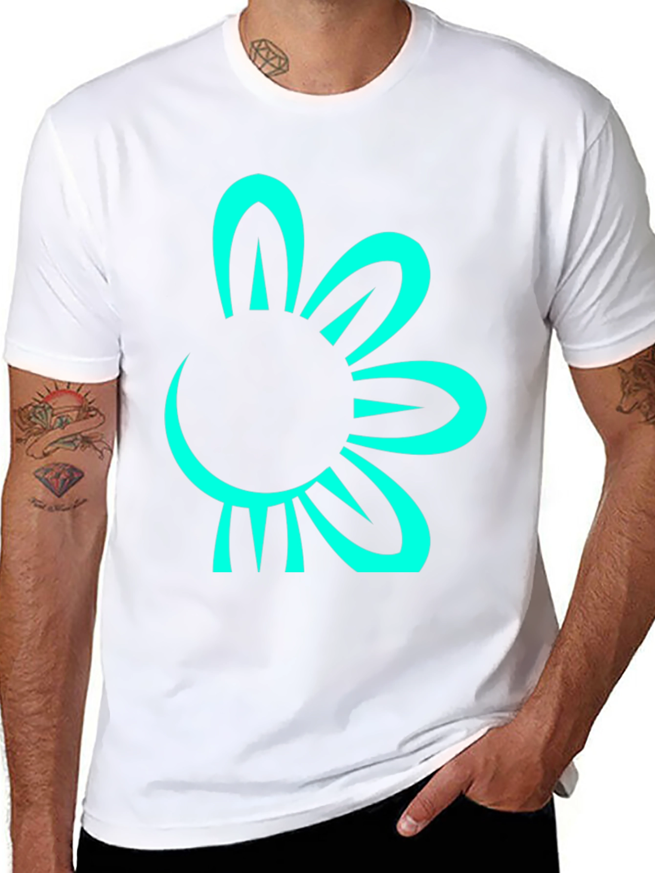 Black T-Shirt with Teal Flower Graphic