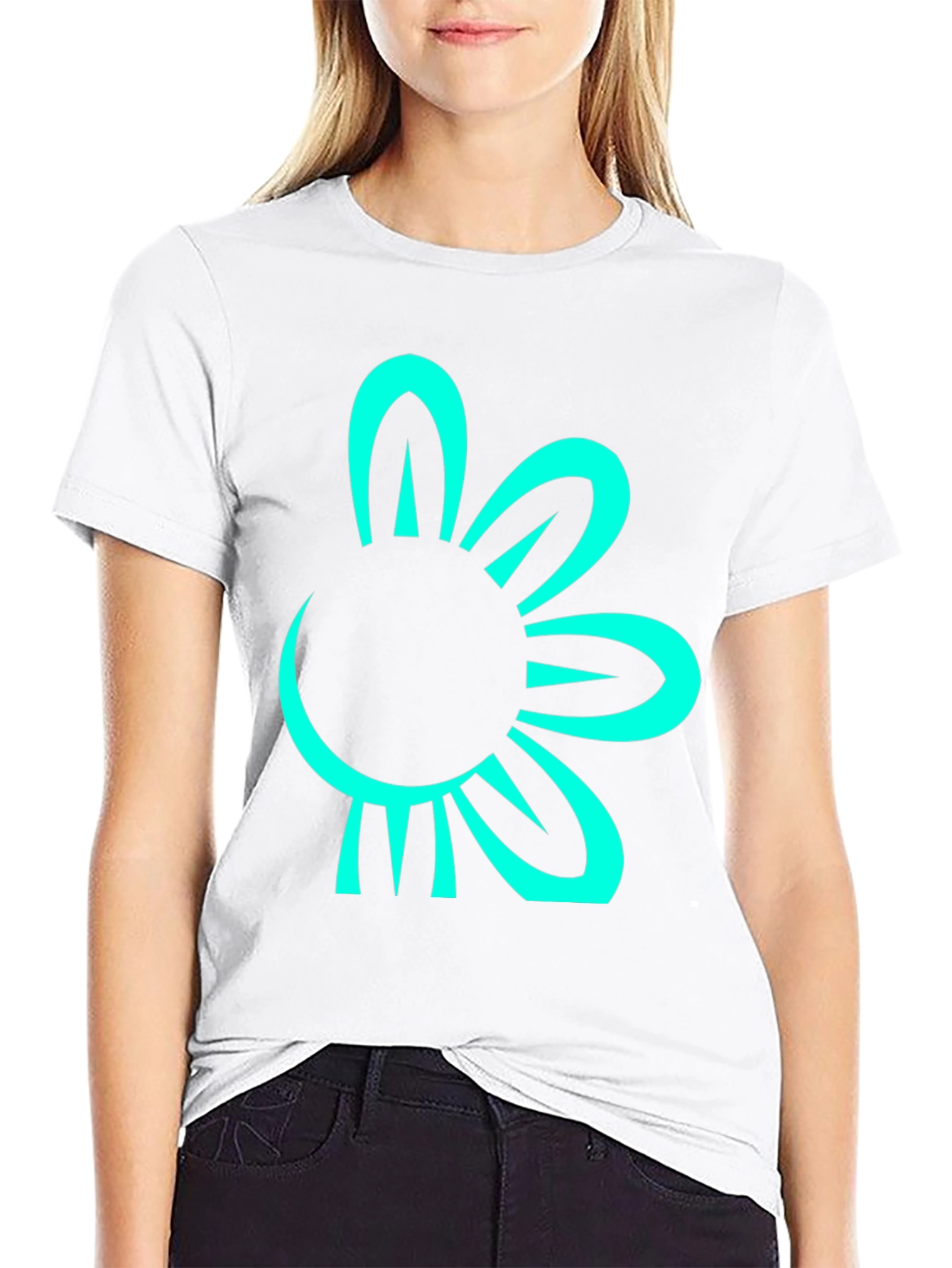 Black T-Shirt with Teal Flower Graphic