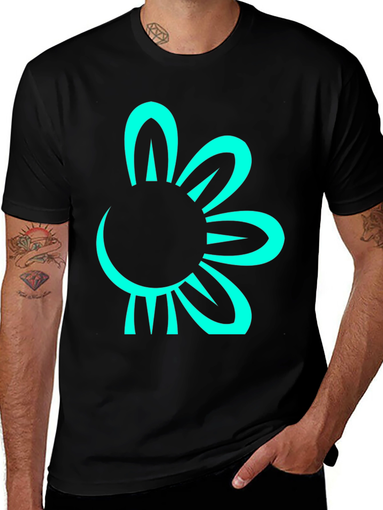 Black T-Shirt with Teal Flower Graphic