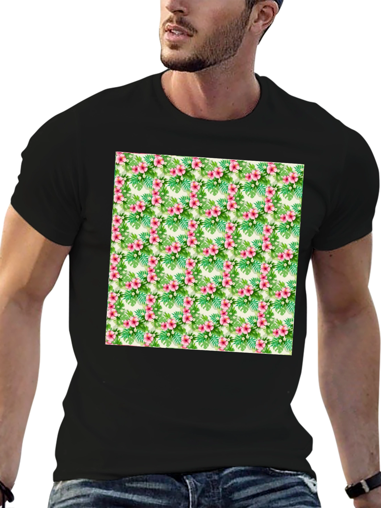 Tropical Floral Print Black T-Shirt