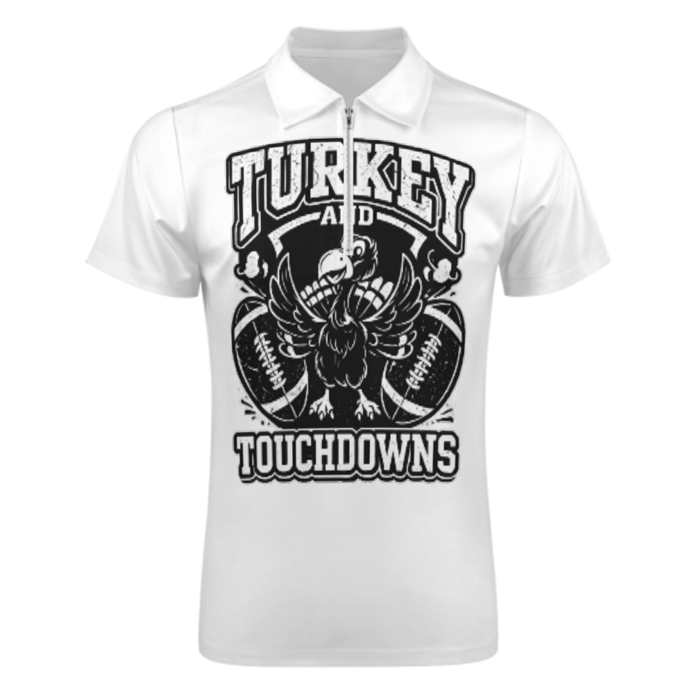 Turkey And Touchdowns Football Polo Shirt – Funny Thanksgiving Graphic Zip Tee for Men(z163)