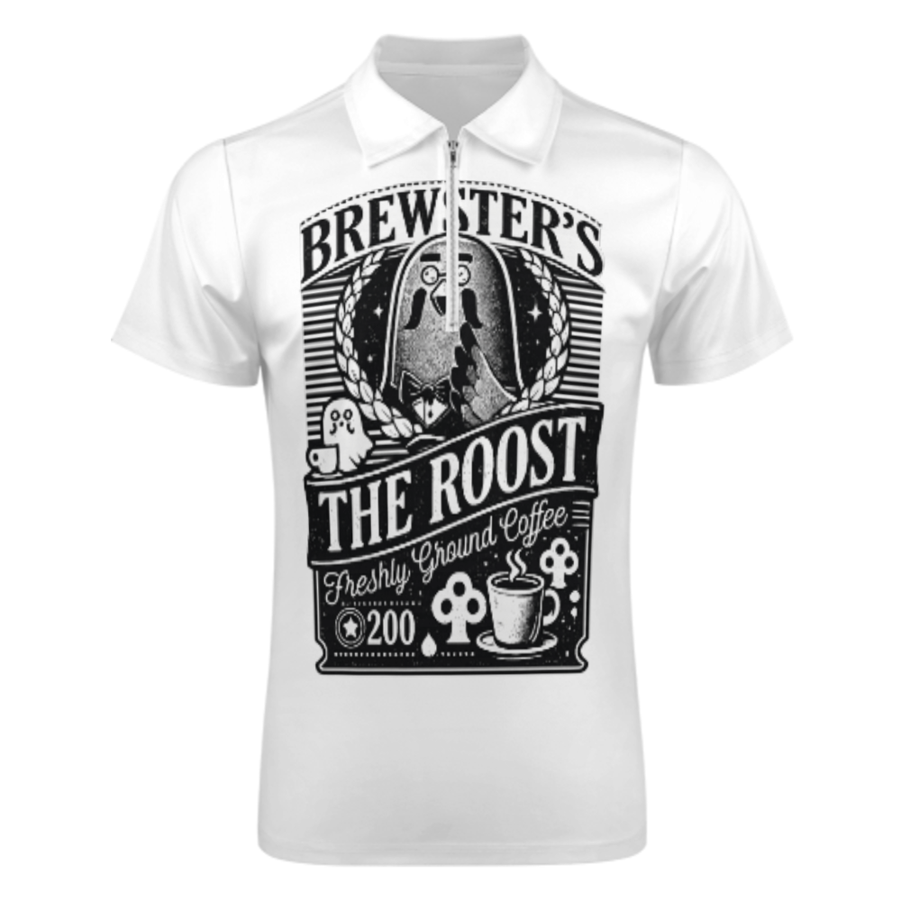 Brewster’s Roost Coffee Polo Shirt – Retro Café Graphic Zip Collar Tee for Cozy Game Lovers(z169)
