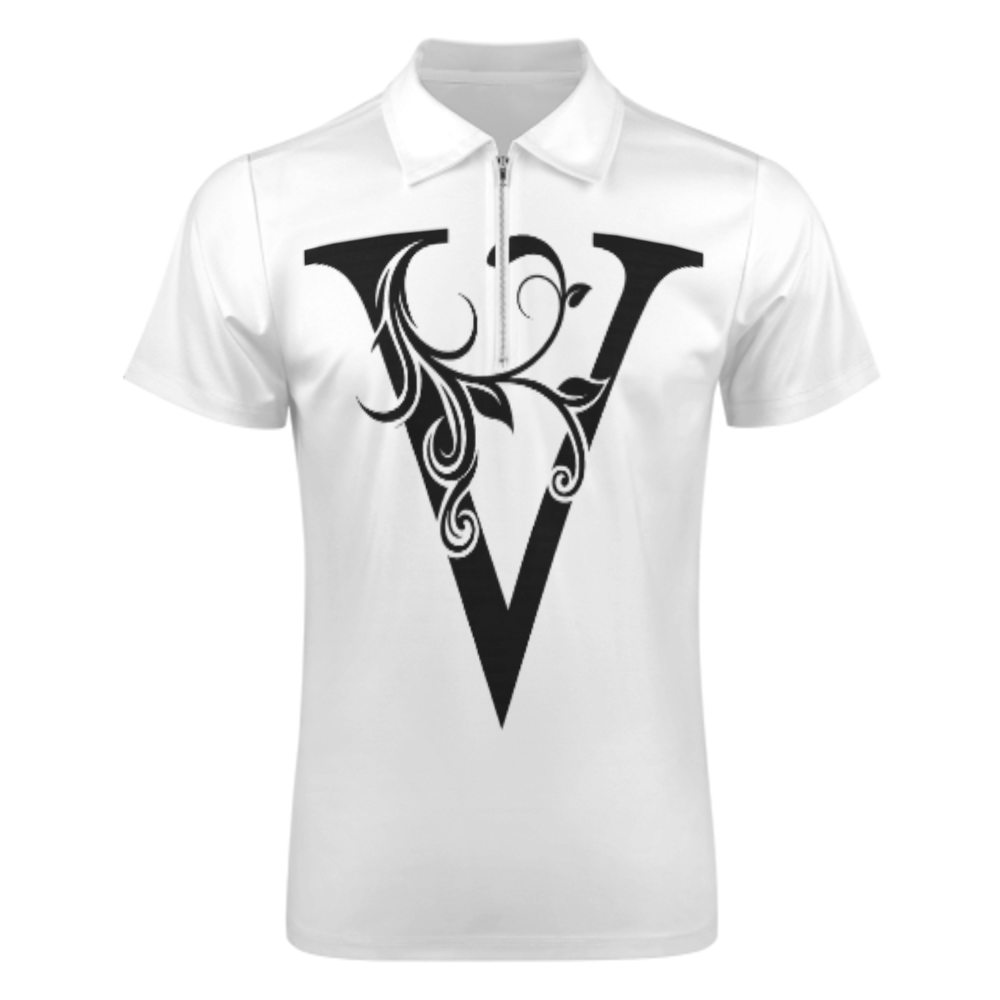 Elegant Letter V Polo Shirt – Floral Monogram Graphic Zip Collar Tee for Men & Women(z164)