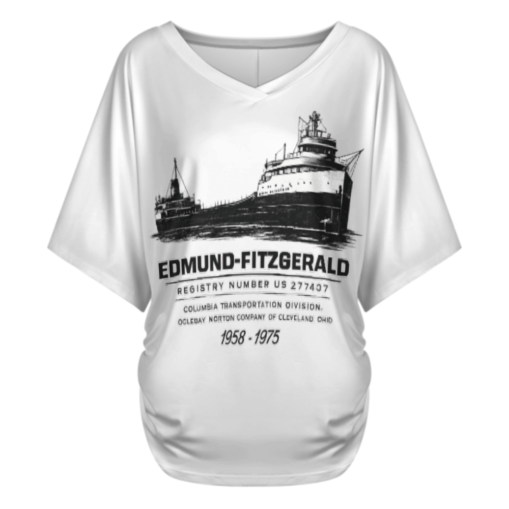Edmund Fitzgerald Vintage Ship V-Neck T-Shirt – Great Lakes Freighter Graphic Casual Women’s Tee(z147)