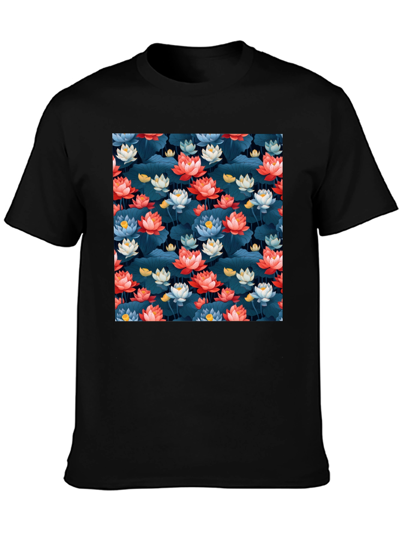 Lotus Flower Print Black T-Shirt