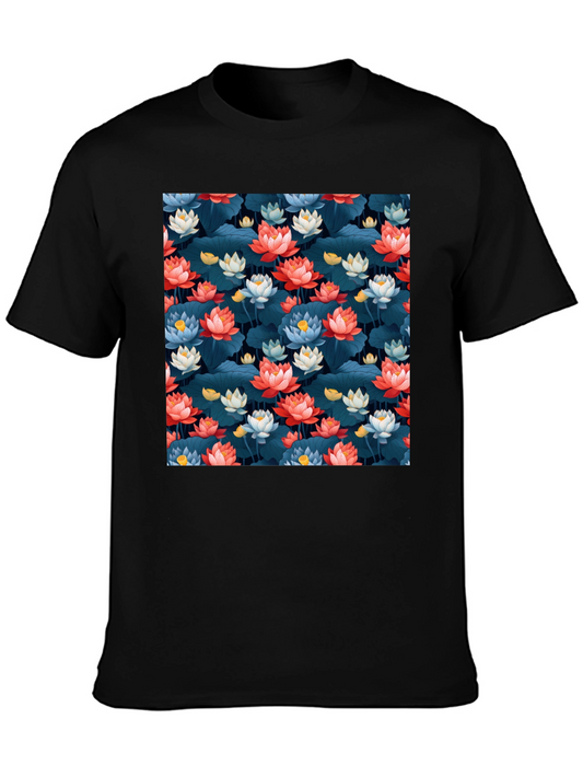 Lotus Flower Print Black T-Shirt