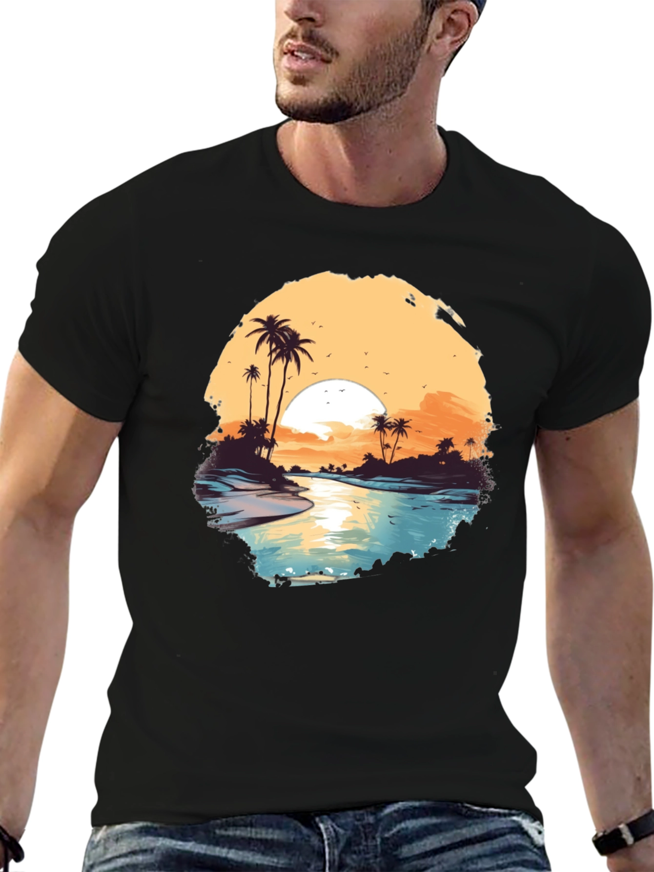 Tropical Sunset Graphic Tee - Black