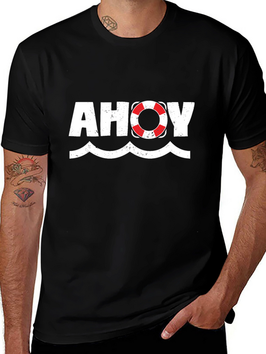 Ahoy Nautical Theme Graphic Tee - Black Cotton T-Shirt