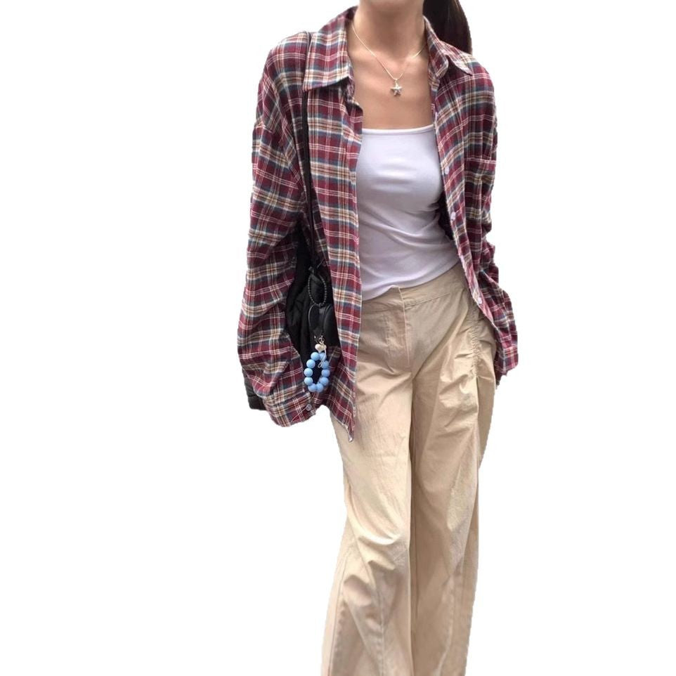 Retro Color Block Plaid Shirt Jacket for Women Casual Long Sleeve Top